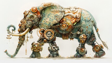 A fantastical watercolor portrayal of a steampunk-inspired elephant adorned with brass gears and mechanical trinkets