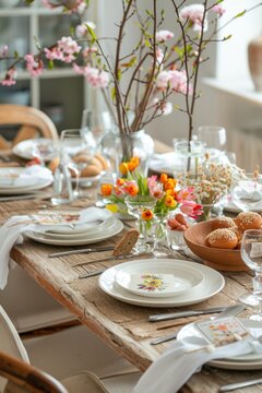 Easter table setting with vibrant flowers, painted eggs, and decorative plates.