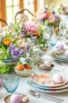 Easter table setting with vibrant flowers, painted eggs, and decorative plates.