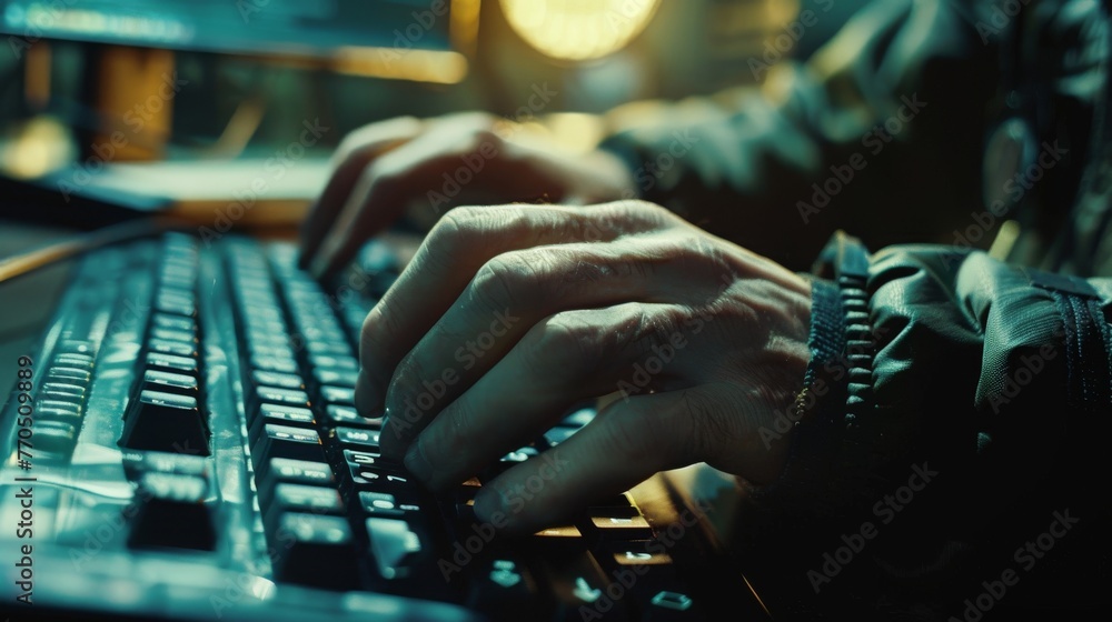 Poster close-up of hacker's hands typing malicious code on a keyboard, depicting cyber threats in action.