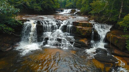 Tropical waterfall in dense jungle.