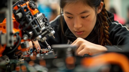 Captured in vivid detail, students engrossed in the intricate assembly and programming of robots, embodying the essence of hands-on robotics education within STEM.