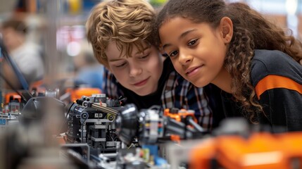 With an intense focus, students actively engage in testing and fine-tuning their robot designs, fostering invaluable problem-solving proficiencies fundamental to STEM-oriented robotics education. - obrazy, fototapety, plakaty
