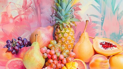 Pastel fruit illustration peach, grapes, pineapple, pomegranate, pear. Abstracted collage of fruit...