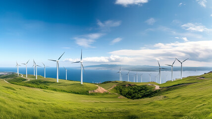 Wind turbines stand atop lush green hills with a of the coast and sea