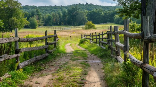 Rural country road with wooden fence and lush greenery.