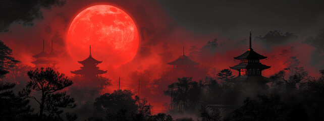 Blood moon over traditional Asian temples in misty landscape