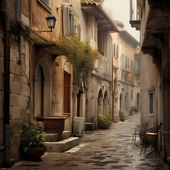 A quiet alley in an old European town. 