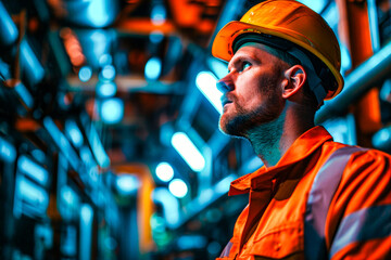 An industrial-themed photo capturing the blurred face of a worker with bright orange safety gear surrounded by machinery