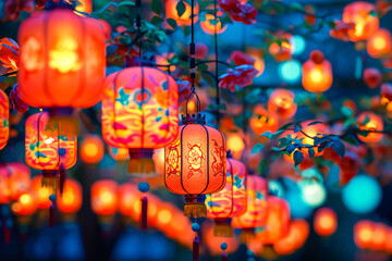 Majestic display of Chinese lanterns illuminated in reds and blues against a twilight sky, creating...