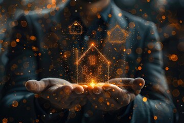 Businessman holding a virtual house and financial icon with a growth graph, representing a real estate business concept on a dark background - obrazy, fototapety, plakaty