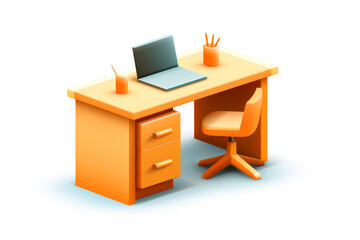 Clean isometric design of a home workspace with a laptop, office chair, and simple supplies