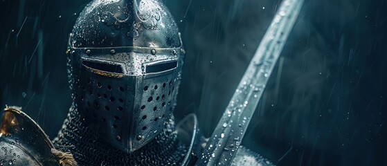 A knights helmet and sword, symbolizing bravery, strategy, and the protective nature of leadership - obrazy, fototapety, plakaty