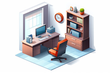 Detailed isometric representation of a contemporary private office space with a computer, bookshelf, and clock