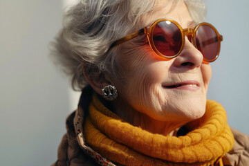 Portrait of an elderly woman wearing sunglasses against a gray wall on a sunny day.