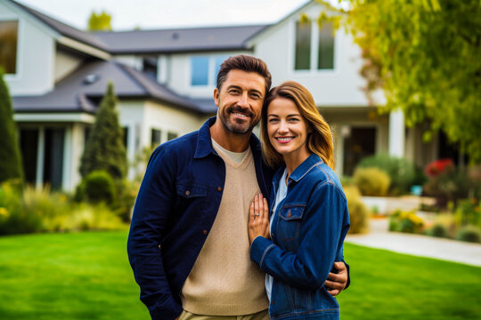 An image of a young couple embracing in front of their suburban home, faces obscured