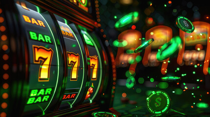 A green slot machine with a green bar that says BAR - obrazy, fototapety, plakaty