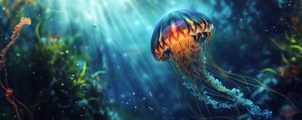Illuminated jellyfish swimming underwater