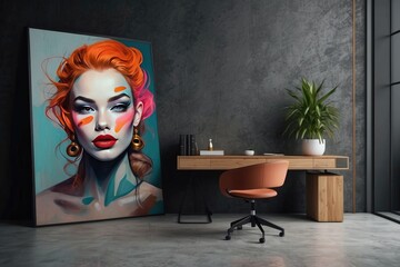 Modern Home Office with Artistic Wall Painting
