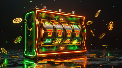 A slot machine with a green and red background and a green and red slot machine
