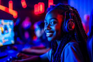 An engaged individual deeply focused on gaming in a room lit by dynamic neon lights representing a tech-savvy atmosphere