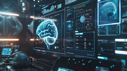 Futuristic brain data analysis on hi-tech screens, depicting advanced neuroscience research.
