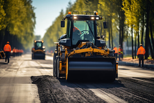 Road roller machine is carrying out asphalting of road construction. Generative ai
