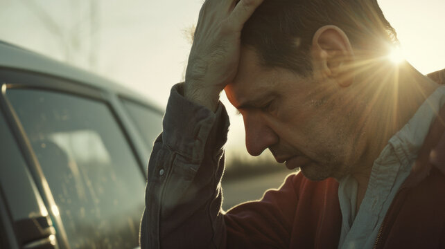 A distraught man holds his head in despair beside his car, an image of personal crisis.