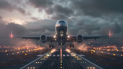 perspective view of jet airliner in flight with bokeh background - obrazy, fototapety, plakaty