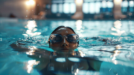 A focused swimmer emerges, goggle-clad, from the tranquil waters of an indoor pool. - obrazy, fototapety, plakaty