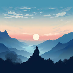 A silhouette of a person practicing meditation on a mountain top
