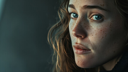 Intense gaze of a freckled woman, her story untold in the soft shadows.