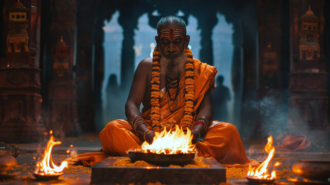 A priest performing puja inside a hindu temple.