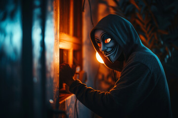 Tense moment captured as a burglar wearing a hoodie tries to unlock a window in the dark, conveying crime and danger