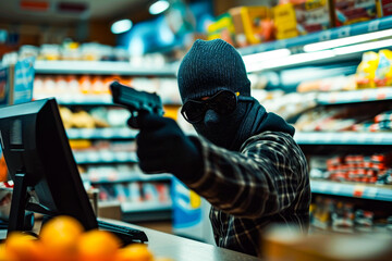 Chilling scene of a masked robber aiming a firearm at a grocery store cashier, highlighting robbery and public safety concerns - obrazy, fototapety, plakaty