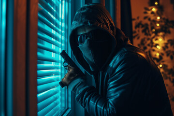 Dramatic photo of an armed man in disguise surveying through window blinds at night, concept of crime and espionage