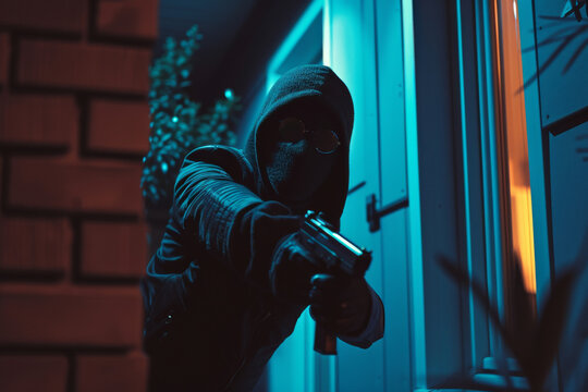 Menacing image of an armed criminal waiting in the shadows outside a residence, evoking a sense of threat and illegal activity