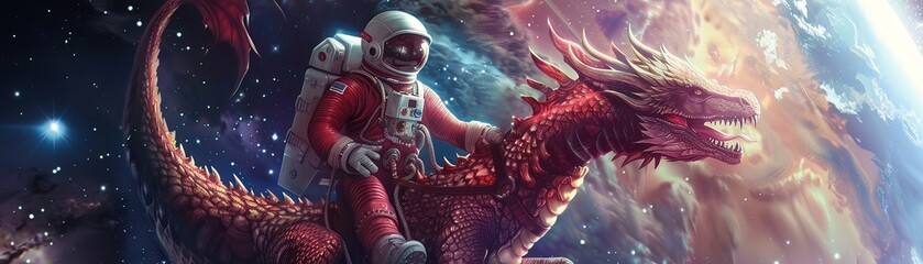An astronaut riding a cosmic dragon, depicting the daring exploration and visionary pursuits in leadership - obrazy, fototapety, plakaty