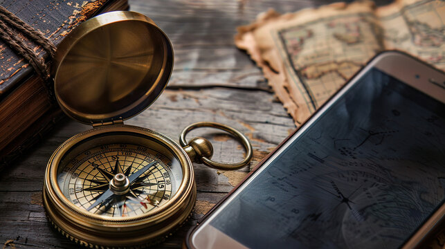A vintage compass beside a modern GPS device, illustrating the blend of traditional wisdom and modern innovation