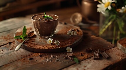 the art of food photography with a macro shot of Chocolate Chia Pudding, delicately placed on a wooden table adorned with bohemian accents, inviting viewers to savor its decadent allure - obrazy, fototapety, plakaty