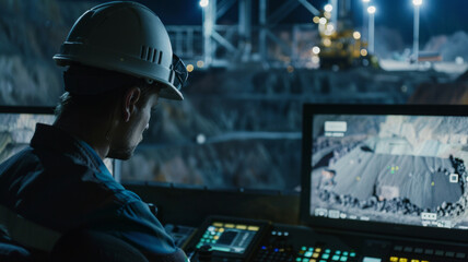 A worker monitors mining operations at night, showcasing industrial control and vigilance.