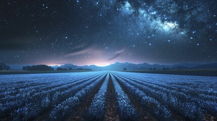 an energy harvesting field, with rows of quantum energy converters under a starry night sky. - obrazy, fototapety, plakaty