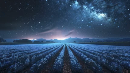 Deurstickers an energy harvesting field, with rows of quantum energy converters under a starry night sky. © Kanisorn