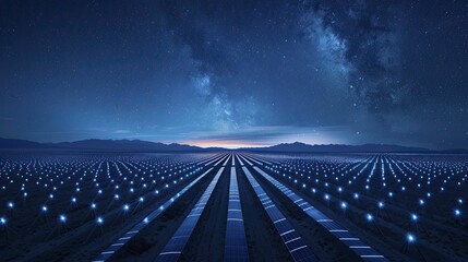 Rows of quantum energy converters create a mesmerizing pattern under the serene starlit sky in an energy harvesting field. - obrazy, fototapety, plakaty