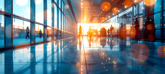 A dynamic and vibrant image of a modern office lobby with silhouettes of people walking, reflecting on the glossy floor with warm light flares