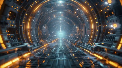 an interstellar spacecraft engine room, with glowing energy cores and metallic walkways. - obrazy, fototapety, plakaty