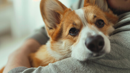 Corgi dog snuggling comfortably in human's lap, seeking affection.