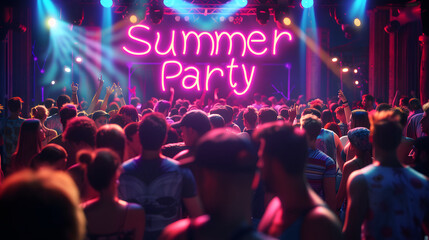A bustling summer party scene, vibrant neon signs proclaim 'Summer Party' above a crowd of joyous...