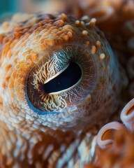 Closeup of an octopus eye underwater, showcasing its unique pupil shape and surrounding skin texture, great for marine biology