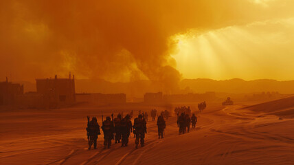 Soldiers marching through a desert in a dust-filled, dramatic sunset.